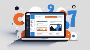 A laptop displaying a data dashboard with charts and graphs, surrounded by colorful abstract numbers and shapes in the background, captures the dynamic process of designing an E-commerce Website.