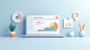 A laptop displays an SEO analytics dashboard with graphs and charts—ideal for anyone designing an e-commerce website—surrounded by office supplies, plants, and decorative items on a desk.