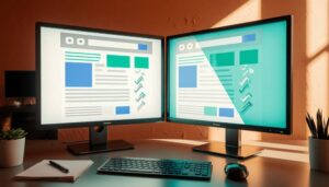 Two computer monitors side by side display similar web pages, highlighting strategies to Increase Online Sales with CRO; a keyboard, notepad, pen, and plant rest on the desk in front of them.