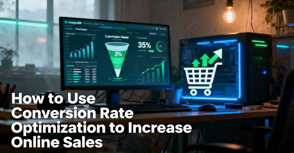 A computer screen displaying conversion rate analytics sits on a desk, with a shopping cart icon and text highlighting how to Increase Online Sales with CRO for better results.