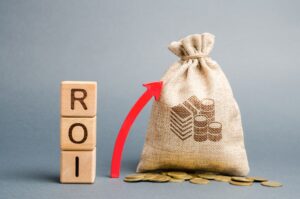 Wooden blocks spelling "ROI" stand next to a money bag with coins, while a red arrow points upward, symbolizing financial growth or the benefits of using paid ads for increasing return on investment.