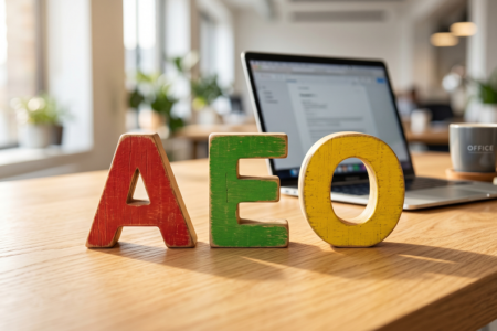 Wooden letters "AEO" in red, yellow, and green on a desk with a laptop, coffee mug, and office background.